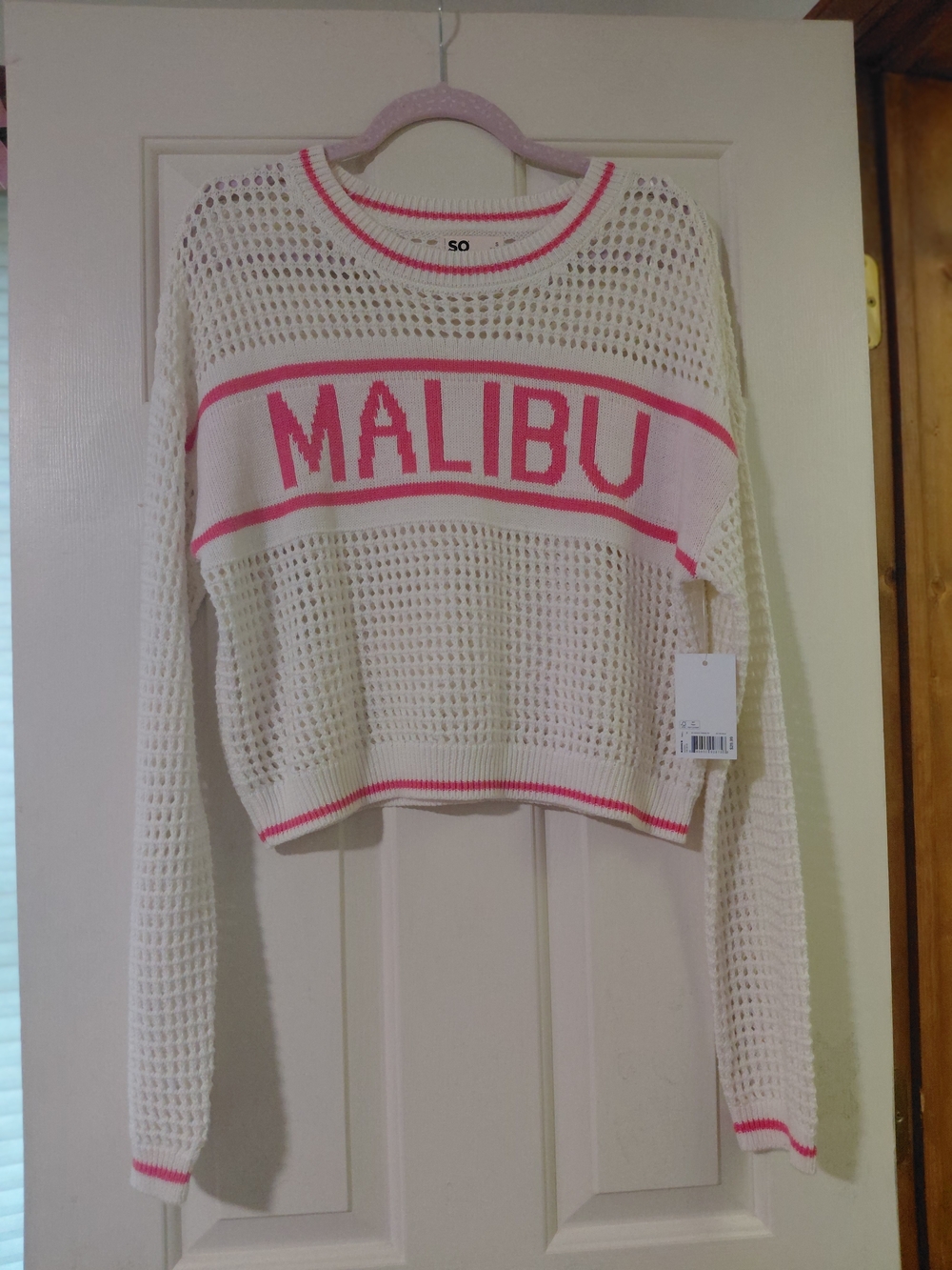 SO Off-White Open-Knit Sweater with Pink Stripes